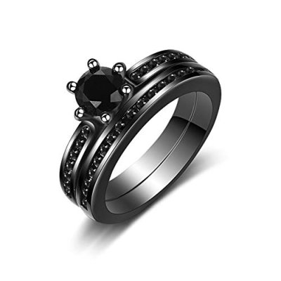 Uloveido Womens Black Wedding Rings Set Round CZ…