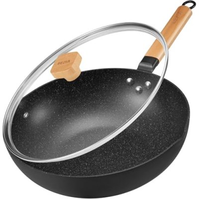 BEZIA Wok Non Stick with Lid, Inductions Wok Pan…