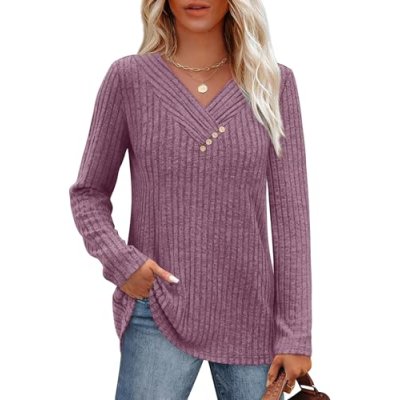 Aokosor V Neck Jumpers for Women UK Long Sleeve…