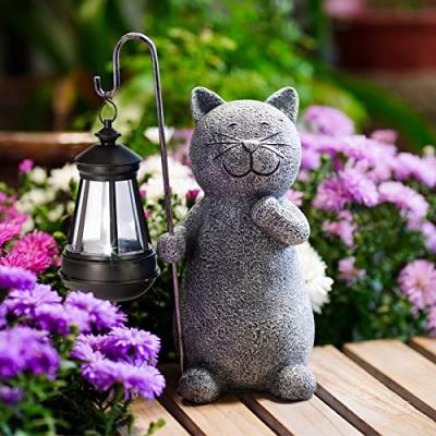 Solar Cat Statue with Lantern - Grey Garden Ornament