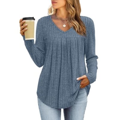 WIHOLL Long Sleeve Tops Women V Neck Ladies…