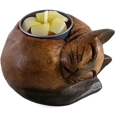 Wooden Tealight Holder with Cat Design