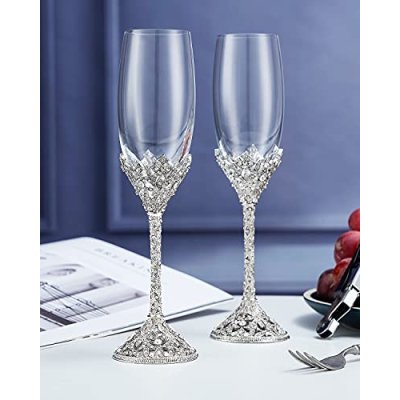 Jozen Gift Champagne Flutes - Crystal Glass Metal…